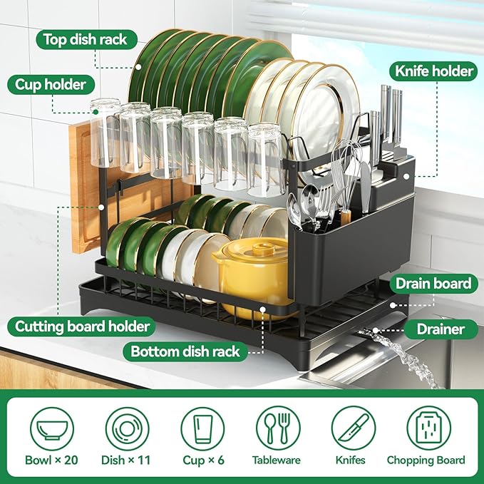 2-Tier Dish Drying Rack with Drainboard, Sink & Countertop Metal Dish Rack Organizer, Dish Drainers for Kitchen Counter, Black