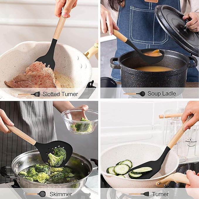 LIANYU 15-Piece Kitchen Silicone Cooking Utensils Set with Holder, Wooden Handle Kitchen Tools Include Spatula Tong Slotted Spoon Turner Whisk Brush, Black