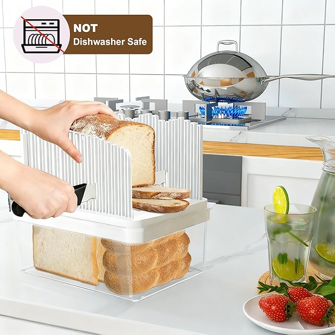 Bread Box with Slicer, Portable Airtight Bread Storage Container with Lid Handle for Kitchen Counter, Bread Keeper for Homemade Bread,Toast, Bagel, Cookies, White