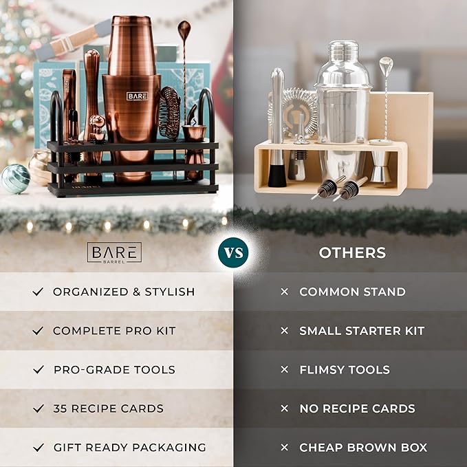 BARE BARREL® Mixology Bartender Kit Bar Set | 14-Piece Cocktail Shaker Set | Martini Barware Mixing Tools for Home Bartending | 35 Recipe Cards | Gift Set (28oz Boston Shaker, Copper/Black)