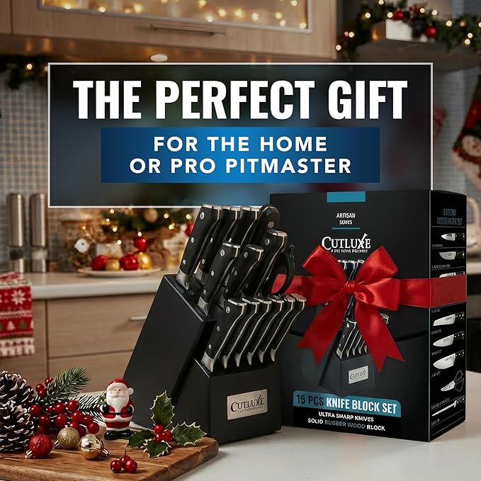 Cutluxe 15-Piece Knife Set – Premium Black Wood Block – Knife Set for Kitchen, Ultra Sharp High Carbon German Stainless Steel, Full Tang – Artisan Series