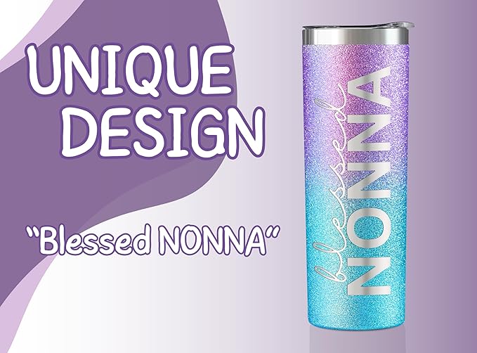 Onebttl Christian Grandma Gifts for Mother's Day, 20oz Purple & Blue Glitter Skinny Tumbler, Straw & Lid Included, Nonna Gifts - Blessed Nonna
