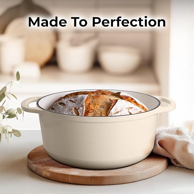 Zulay Kitchen 6 Quart Enameled Cast Iron Dutch Oven Pot with Lid – Premium Durability & Oven Safe up to 500°F – Heavy Duty Cookware Perfect for Bread Baking, Stews, Braising & Roasting – Ivory