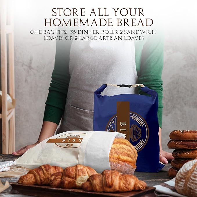 BISS Bread Storage Bags for Homemade Bread – 2-Pack XL Cotton Sourdough Bags, Reusable, Freezer Safe – Perfect for Artisan Loaves, Sandwich Storage, Bake Sales, and Fresh Loaf Preservation
