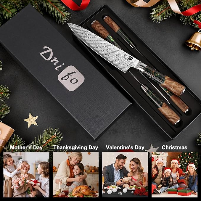 5 Piece Damascus Knife Set, Japanese Knives with 66-Layers Damascus Steel & VG 10 Steel Core, Resin Handle, Includes 5" Paring, 6" Boning, 7" Santoku, 8" Chef & 8" Bread Damascus Knives in Gift Box