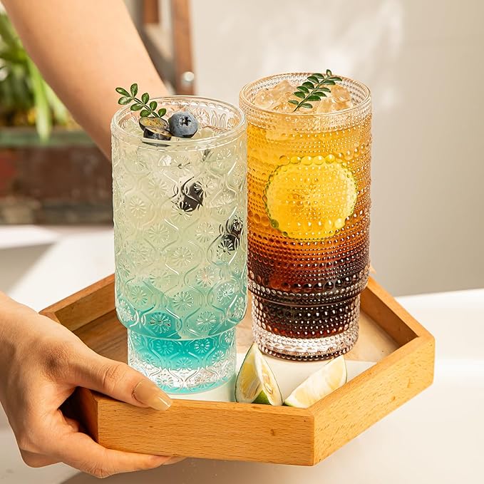 16oz Drinking Glasses Set of 4, 2 Hobnail Glasses & 2 Embossed Water Goblets, Flower Design Stackable Vintage Tumbler Glasses, Old Fashion Beaded Glass Cups for Cocktail, Iced Coffee, Beer