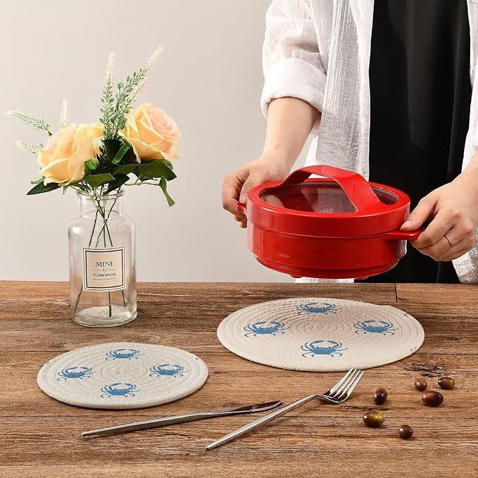 Kitchen Trivets Pot Holders Set of 2, Blue Sea Crab Trivets for Hot Pots Dishes Woven Trivet Coaster Pad Mat for Counter