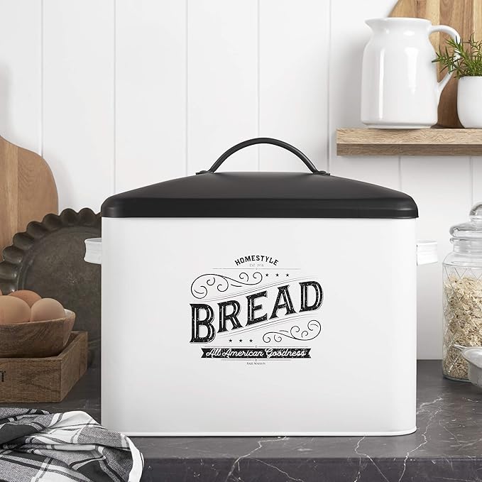 Extra Large White Farmhouse Bread Box for Kitchen Countertop - Breadbox Holder Fits 2+ Loaves - Bread Storage Container Bin - Rustic Bread Keeper Vintage Metal Kitchen Decor for Counter (Black Lid)
