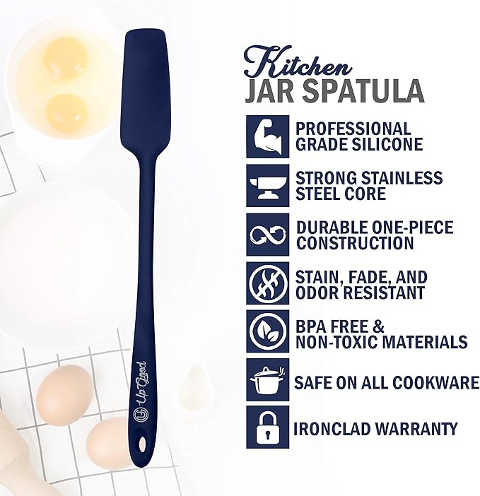 Silicone Jar Spatula | 600F Heat Resistant Non-Stick Rubber Scraper | Perfect for Jars, Smoothies, Blenders | One Piece Utensils | Durable Kitchen Cookware (UpGood Professional Spatulas, Blue)