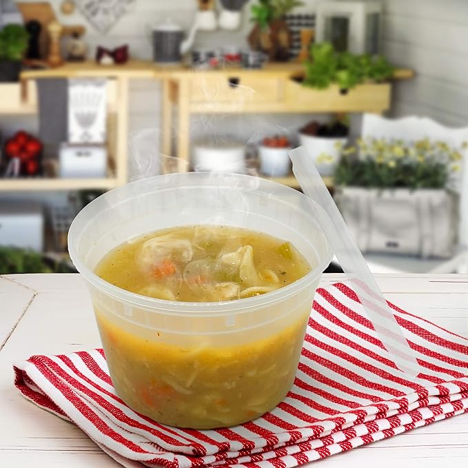 [48 Pack - 16 oz] Plastic Soup Cups Deli Food Storage Containers with Tight Lids Portion Control Non-Spill Stackable Microwaveable Freezer Dishwasher Safe