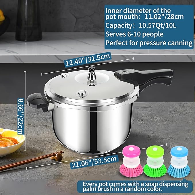 Stainless Steel Pressure Cooker 10 Quart, Induction Stove Top Pressure Cooker with Pressure Indicator Safeguard Devices, Compatible with Gas & Induction Cooker