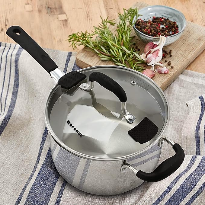 Rorence 3.7 Quart Saucepan with Glass Lid: Stainless Steel Sauce Pan with Two Sides Pour Spout & Riveted Silicone Handles & Build-in Strainer Tempered Glass Cover …