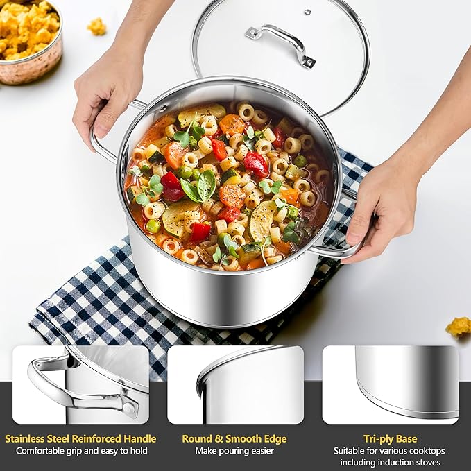 Homikit 20 Quart Soup Pot with Lid, Large Stainless Steel Stock Pot with Double Handles, Heavy Duty Cookware Induction Stockpot for Canning Steaming Simmering, Compatible All Cooktops, Dishwasher Safe