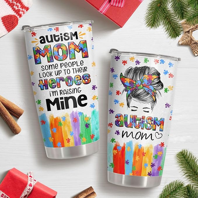 34HD Gifts for Mom, Autism Mom Tumbler with Lid 20oz Stainless Steel, Cool Momma Coffee Mug, Autism Awareness Gifts for Women, Teacher, Parents