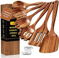 Wooden Spoons for Cooking, 6PCS Teak Wood Cookware Utensil Set with Hooks - Smooth Finish, Non-Stick, Comfortable Grip, Heat Resistant Kitchen Utensils