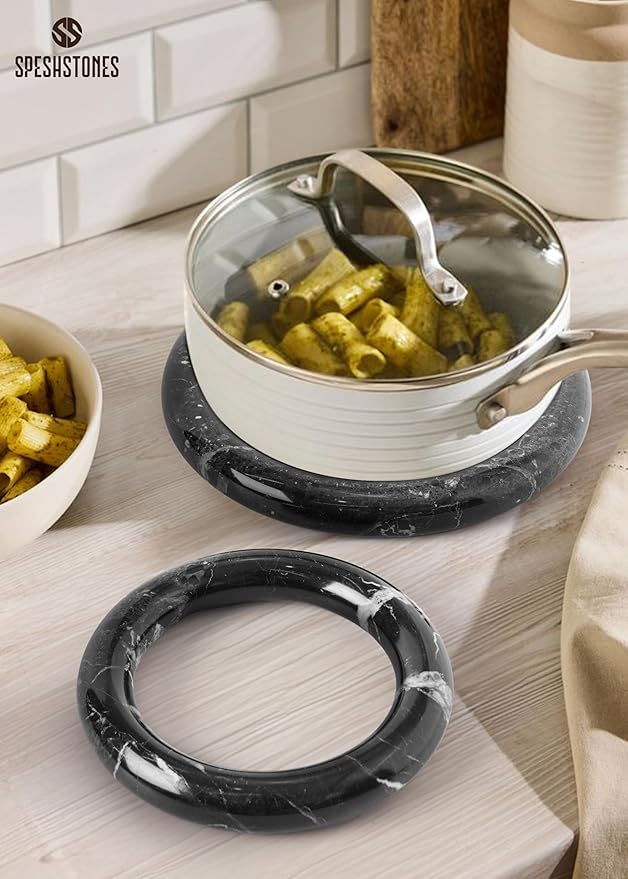 Marble Trivets for Dining Table Set of 2 Handmade Black Pot Holders for Kitchen Decor and Countertop Accessories - Stone Trivet for Hot Dishes, Hot Plate & Hot Pot