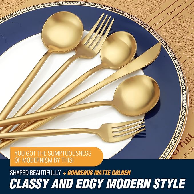 20 Pcs Gold Silverware Set, Stainless Steel Flatware Set Service for 4, Matte Gold Cutlery Set, Include Knives/Forks/Spoons, Dishwasher Safe