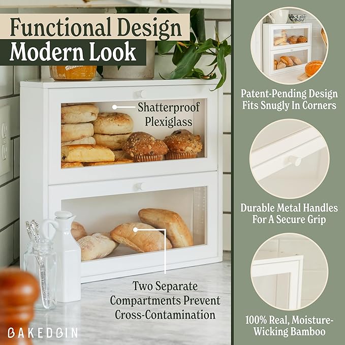 Corner Bread Box for Kitchen Countertop - New 2025 Airtight Design - Extra Large, Double Layer White Breadbox, Vintage Storage for Homemade Bread, Under Cabinet Organizer