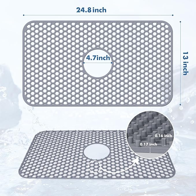 Silicone Sink Mat - 24.8''x13'' Sink Protector for Kitchen Sink with Center Drain - Kitchen Grid Accessory, Non-slip Heat Resistant Mat for Bottom of Farmhouse Stainless Steel (Center Hole)