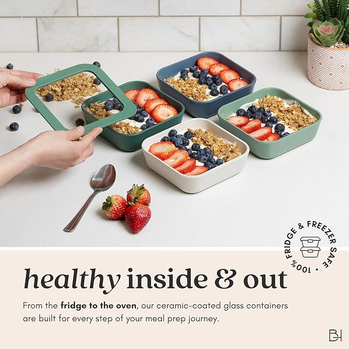 Ceramic Coated Glass Food Storage Container | No PTFE, PFOA, PFAS, and BPA | Reusable Non Toxic Meal Prep Container with Glass Lid | Easy To Store | 6 Cup Rectangle [Onyx]