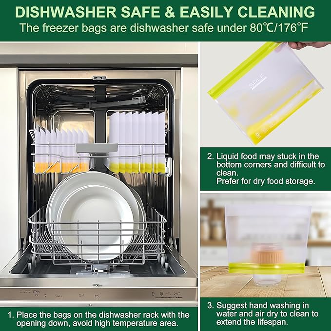 SPLF 6 Pack Stand-Up Reusable 2 Gallon Freezer Bags Dishwasher Safe, Reusable Freezer Bags 2 Gallon, Leakproof BPA Free Food Storage Bags for Marinate Meat, Veggies, Homemade Bread, Snack, Travel Item