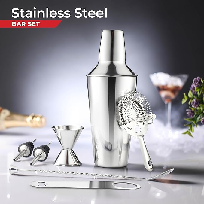 AVADOR® Premium 7-Piece Stainless Steel Bar Set - Complete Cocktail Shaker & Bartending Tools for Home Entertaining | Includes Gift Box (7)