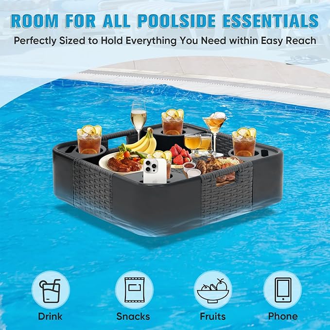 COOS BAY 24''x24'' Square Floating Drink Holder for Pool and Hot Hub, Large Floating Serving Tray with Handles, Wicker Floating Pool Tray for Food and Drinks, Gray