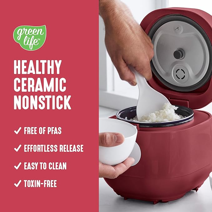 GreenLife Digital Rice Cooker, 2-Cups Uncooked/4-Cups Cooked, Removable Nonstick Ceramic PFAS-Free Pot, One-Touch Presets, Oats, Quinoa, Brown Rice, Auto Keep Warm, Fuzzy Logic Tech, 1.5QT, Red