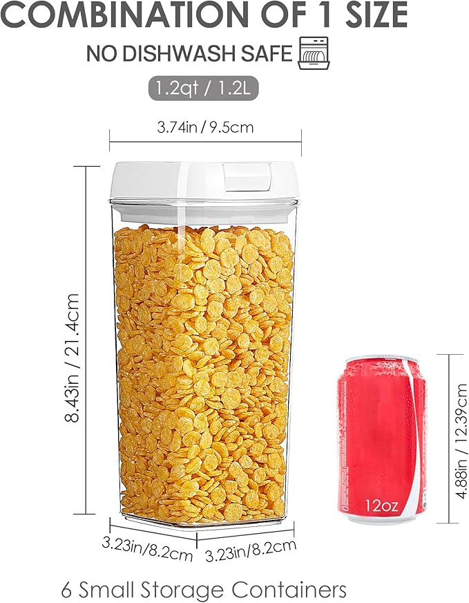 Vtopmart 6 PCS Airtight Food Storage Containers, BPA Free Plastic Snack Cereal Containers with Easy Lock Lids, for Kitchen Pantry Organization and Storage, Include 24 Labels, 1.2L