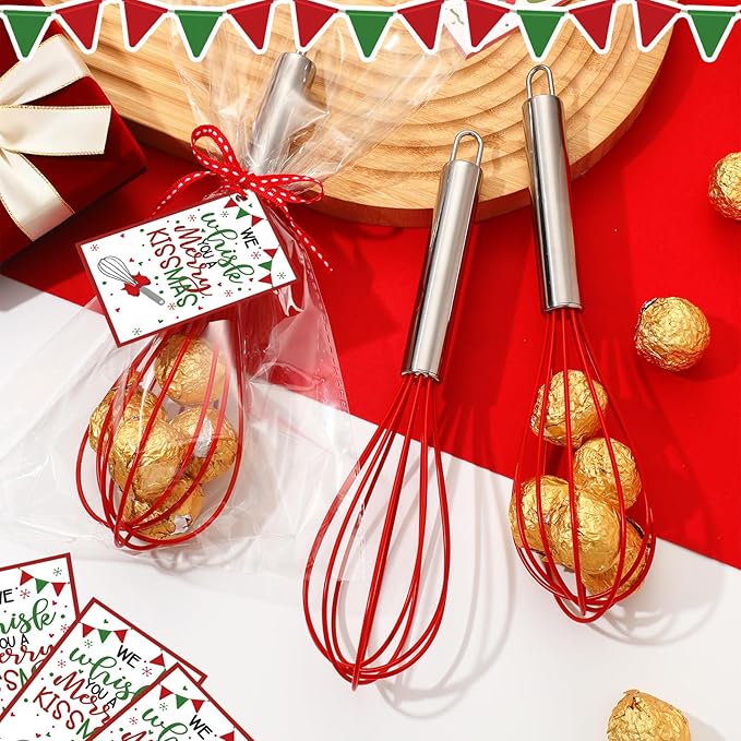 Zhehao 6 Sets 10 Inch Christmas Whisk Baking Gifts Sets Includes Stainless Steel Whisk Greeting Cards Ribbon and Plastic Bags for Neighbor Family Cooking Supplies Christmas Stocking Stuffers Ideas
