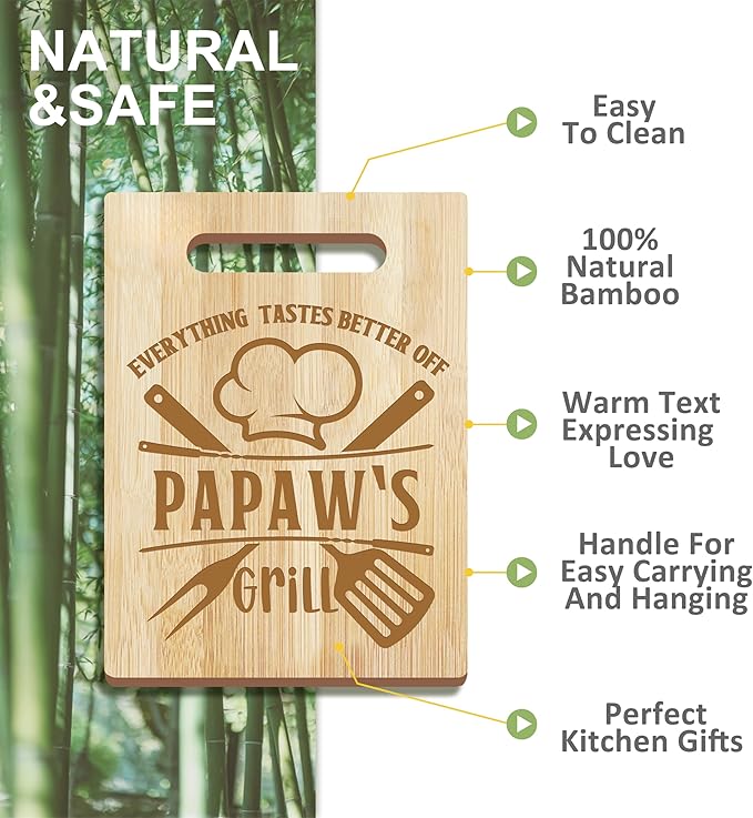 Papaw Gifts, Christmas Papaw Gifts from Grandkids, Gift for Papaw Wooden Cutting Board Utensils with Apron, Great Papaw Grandprents Day Father's Day Birthday Kitchen Gift