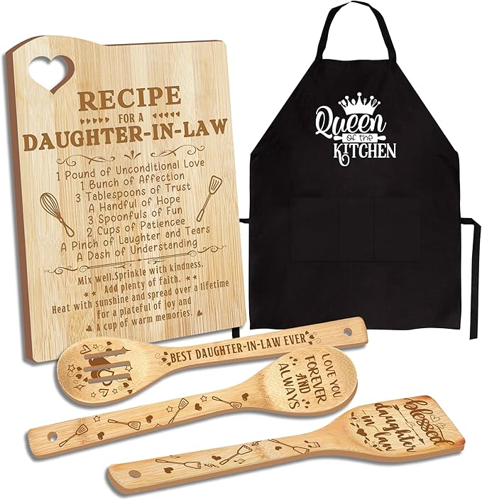 Daughter in Law Gifts, Christmas Daughter in Law Gift Idea from Mother in Law Wooden Cutting Board with Cooking Utensils Set and Apron Present