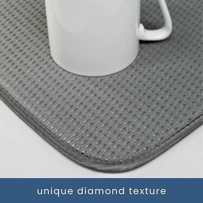 S&T INC. Dish Drying Mat, 16” x 18”, Absorbent Microfiber Kitchen Counter Mat, Drying Pad for Dishes, Utensils, Pots and Pans, Large, Diamond Texture, Grey