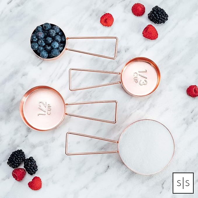 Copper Measuring Cups and Spoons Set – 8-Piece Stackable Stainless Steel Metal Measuring Utensils – Stylish and Sturdy Rose Gold Kitchen Accessories for Baking and Cooking