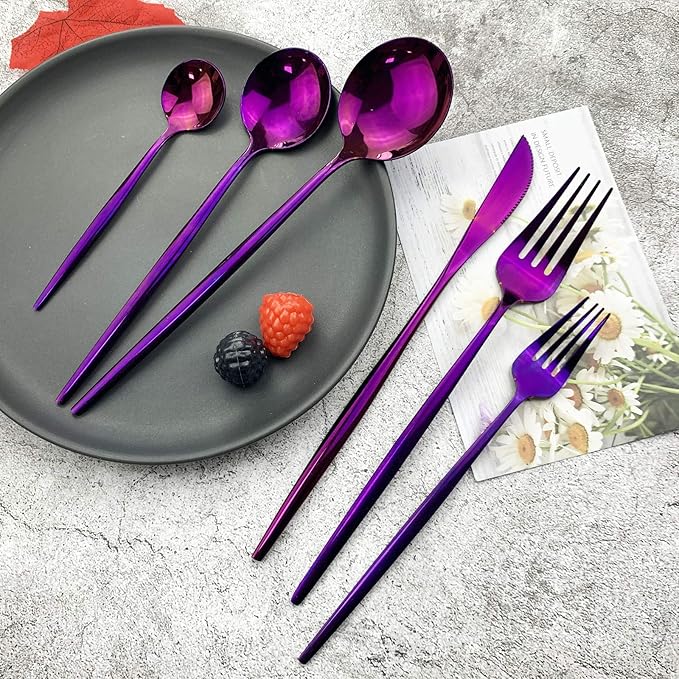 JASHII Silverware Set, Mirror Polished Purple Flatware Cutlery Set Service for 6, Shiny Finish 36 Pieces Stainless Steel Utensils Set Dinner Knife Fork Spoon Dessert Fork Salad Spoon Dishwasher Safe
