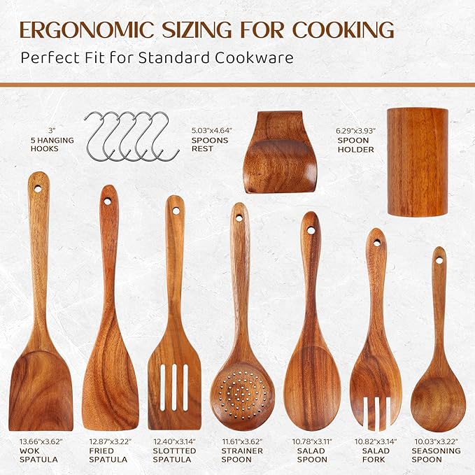 Wood Spoons for Cooking,9 Pcs Natural Teak Wooden Cooking Utensils Set with Holder ＆ Spoon Rest, Soft Comfort-Grip Wooden Kitchen Utensil Set for Non-Stick Cookware