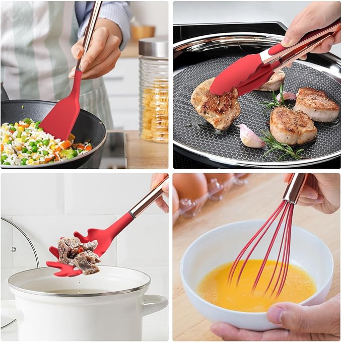 Red Kitchen Utensil Set with Holder, 22 Pcs Silicone Cooking Utensils Set for Nonstick Cookware, Heat Resistance Spatula Set, Stainless Steel Handle Kitchen Gadgets Utensils Set