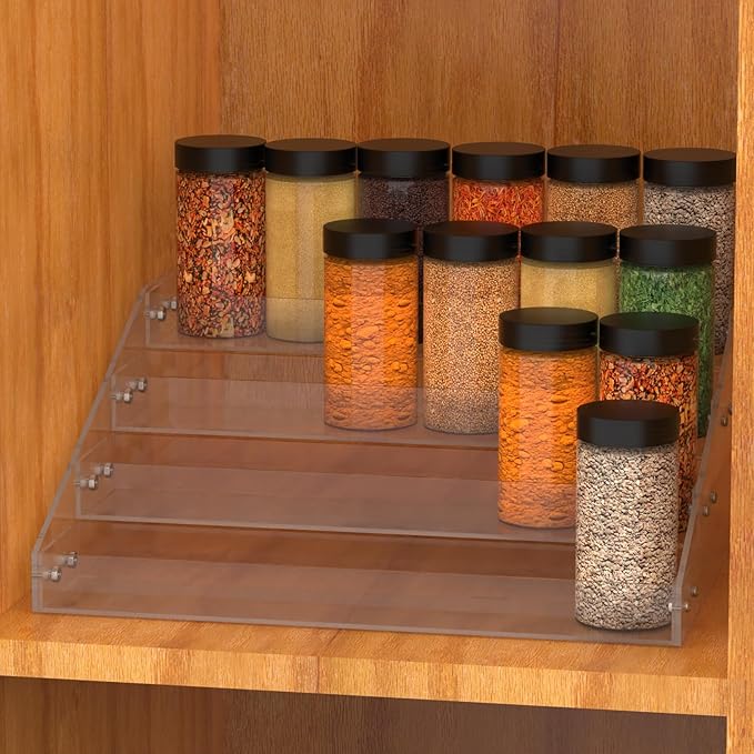 4 Tier Clear Spice Rack Organizer for Cabinet, Acrylic Display Riser Shelf Seasoning Organizer for Countertop Pantry Cupboard, Transparent Storage Holder for Kitchen Condiment Jar Spice Container