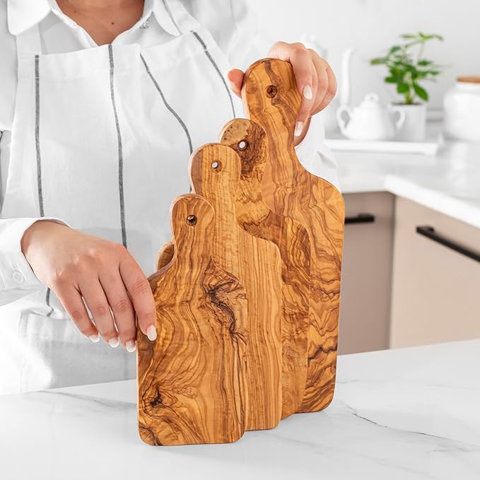Premium Olive Wood Cutting Board Set of 4 - Handcrafted Sustainable Olivewood Boards with Beeswax Finish (9.05", 10.62", 11.81", 13.38") - Eco-Friendly, Durable, Knife-Friendly & Moisture-Resistant