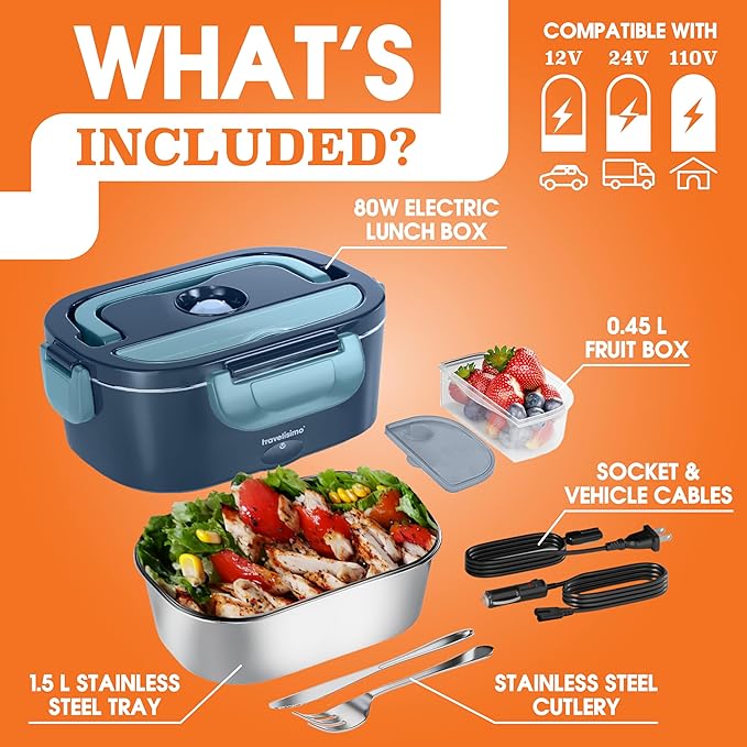 TRAVELISIMO Electric Lunch Box for Adults 80W Heated Lunch Box For Men 1.5L Stainless Steel Portable Food Warmer, 12/24/110V Electric Food Warmers for Travel & Work, Loncheras Para Hombres de Trabajo