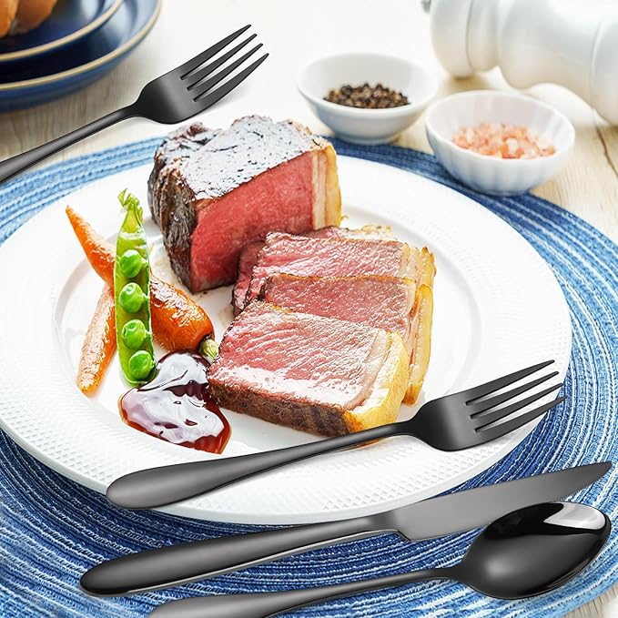 Black Silverware Set for 8 Stainless Steel Flatware include Spoon Fork Knife Heavy Cutlery 40 Pieces for Restaurant Parties and Everyday Kitchen Utensils