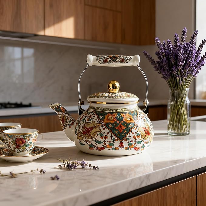 Vintage Enamel Tea Kettle with Porcelain Handle, 2.5L Stovetop Teapot - Non-Toxic, Rust-Resistant, Heat-Resistant, Hot Water Coffee Teapot for Kitchen Decor Christmas Gift