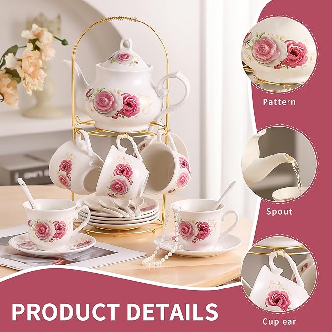 20-Pieces Porcelain Tea Sets For Women, Tea Set For Adult with Golden Metal Rack,Tea Gift Sets for Home&Party(014)
