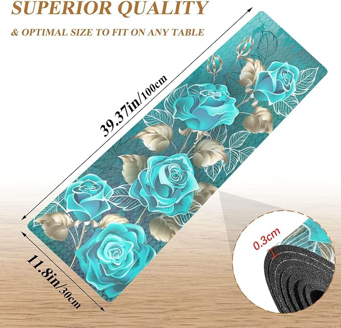 Valentine's Day Trivet Table Runner 40 Inches Long Turquoise Roses Leaves White Gold Contour Heat Resistant Hot Pad Multi Purpose Mat for for Hot Pots Pans Kitchen Countertops