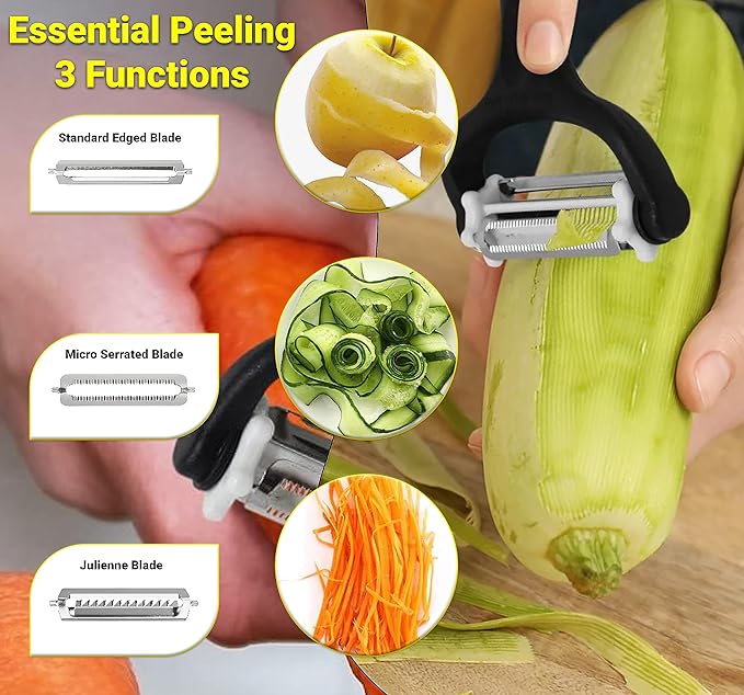 Potato Peeler with Julienne Cutter (3 Blades, 360° Rotating) – Y Peelers for Vegetable Carrot Cucumber Potatoes & Fruits – Stainless Steel Blades, Anti Slip Handle