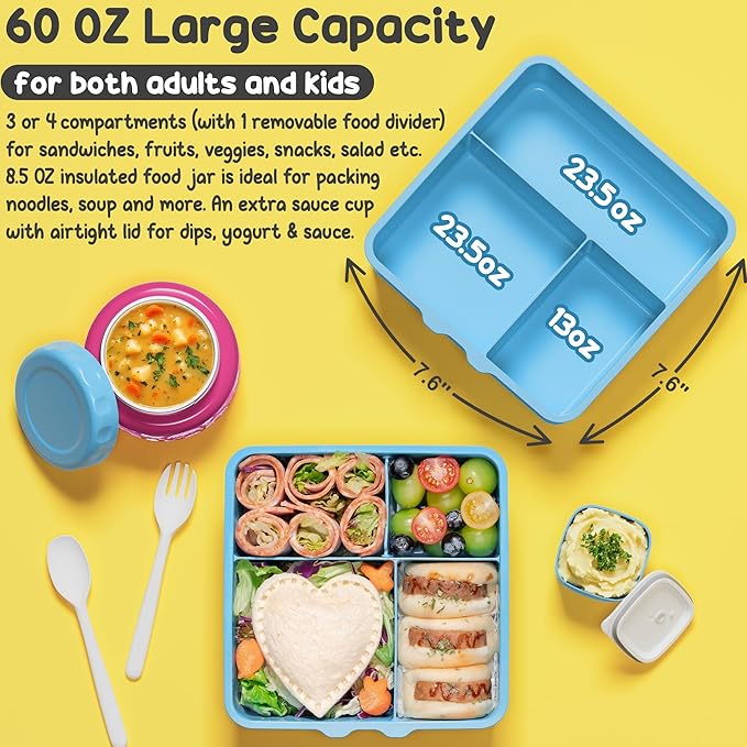 Fimibuke Bento Lunch Box for Kids Adult, 3-4 Compartment 60OZ Toddler Lunch Box Container with Leakproof 8OZ Insulated Food Jar, Sauce Jar, Utensil for School Boys Girls, BPA-Free Dishwasher Safe