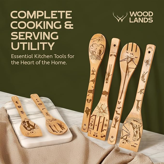 Nightmare Wooden Spoons for Cooking Before Christmas Gifts - Wooden Utensil Set with Spatulas & Spoons, Heat-Resistant, Eco-Friendly Kitchen Utensils for Non-Stick Cookware