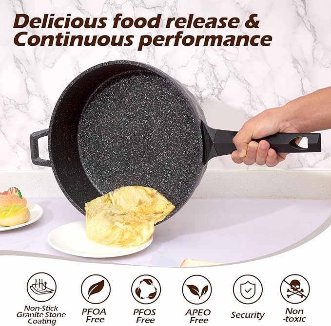 Nonstick Deep Frying Pan Skillet with Lid, 12 Inch Large Skillet, 5 Quarts Saute Pan, Granite Stone Non Stick Cooking Pan, Induction Compatible, PFOA Free