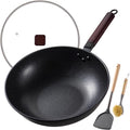 Carbon Steel Wok -13 Inch Woks & Stir-fry Pans Nonstick, Wok Pan with Glass Lid Spatula and Dish Brush: Pre-Seasoned Flat Bottom Chinese Wok for Induction, Electric, Gas, All Stoves