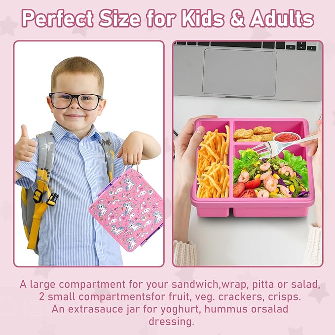 Chill Bento Lunch Box for Kids Adult with Ice Pack,Leak Proof 3 Compartments Lunch Container for Kids,Ice Pack Detachable Bento Box,BPA Free,Dishwasher & Microwave Safe-Horses
